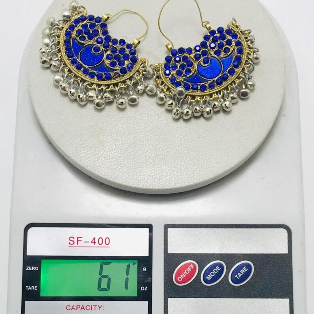 Blue Glass Stone Chandbali Earrings: Silver Kuchi Tribal Bell Hoops - Picture 6 of 6